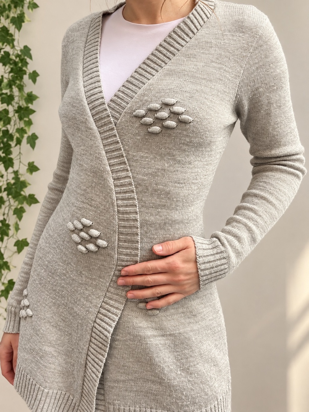Absolutely Creative Gray Longline Cardigan 3D Textured Knit Open Front